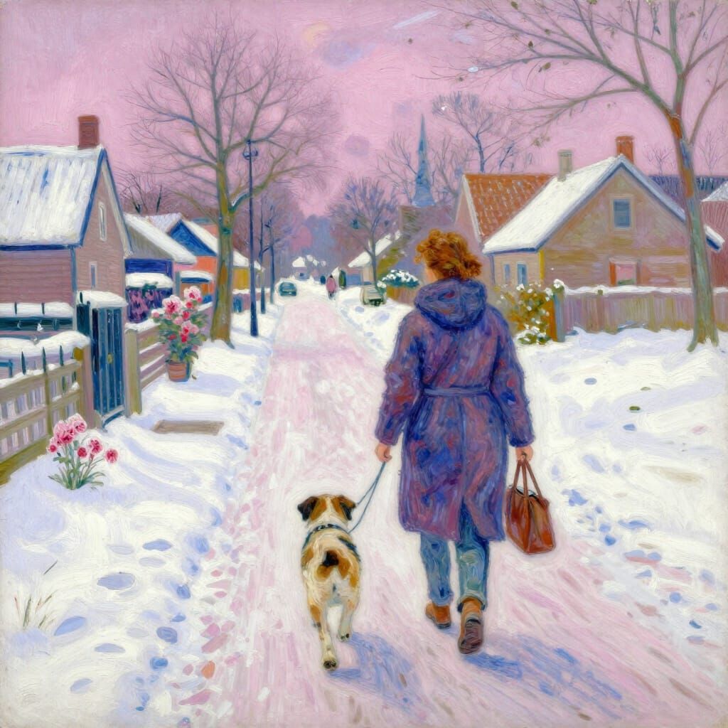 Woman and Dog on Snowy Path with Village and Spring Flowers