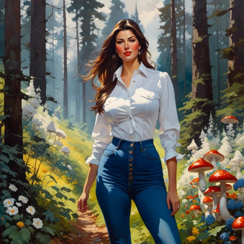Curvy Woman in Mystic Forest, Oil-Guache Melting Painting