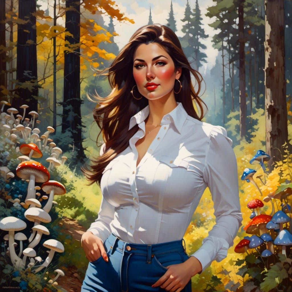 Portrait of Woman in Mystic Forest, Oil-Guache Style