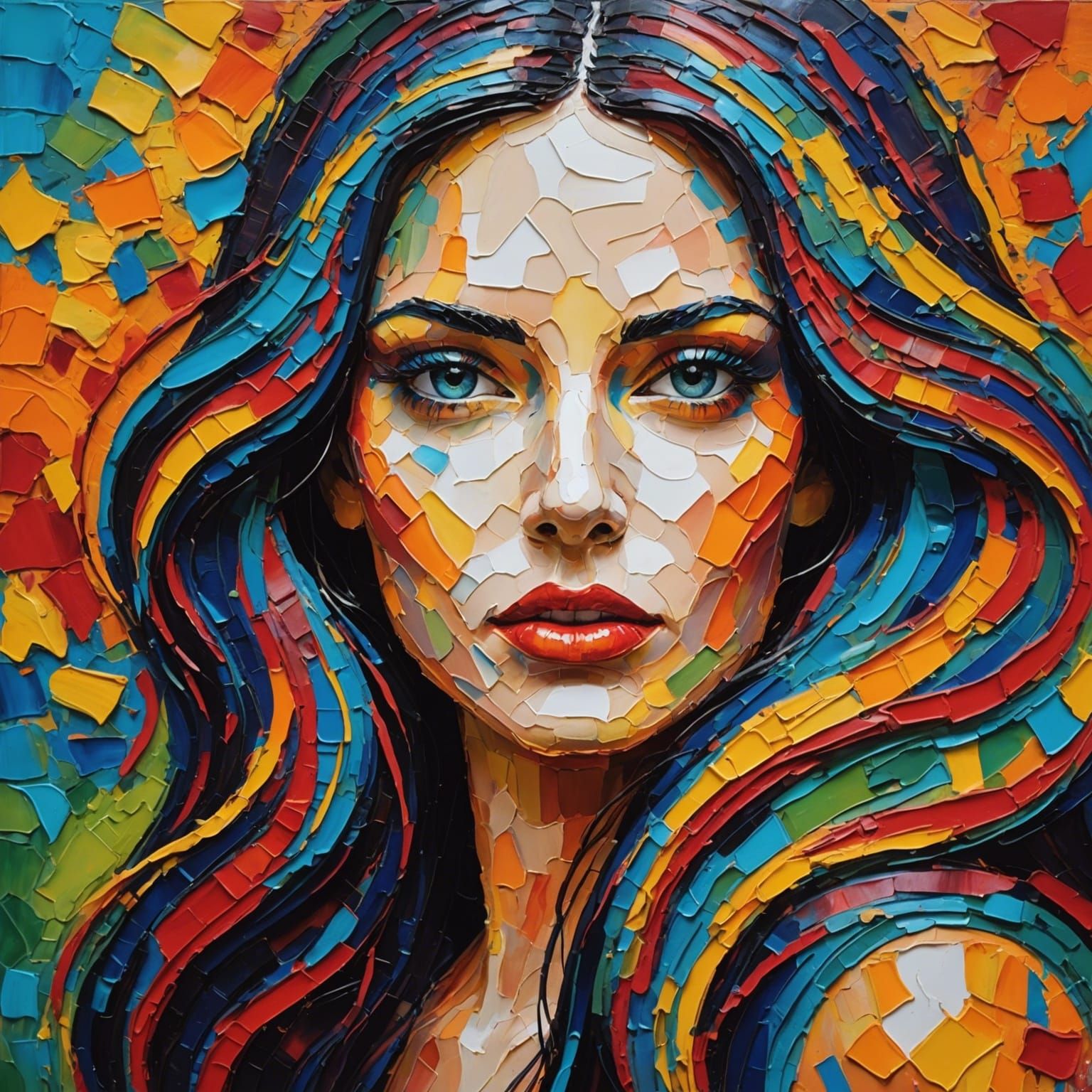 Radiant Woman: Vibrant Impasto Painting with Flowing Paint