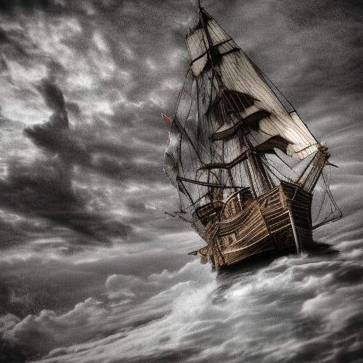 Hyperrealistic Flying Dutchman on Stormy Seas