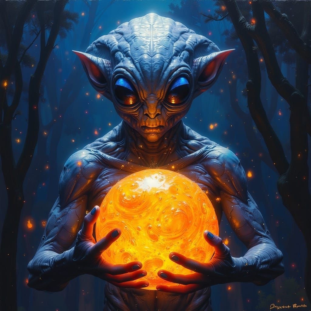 Iridescent Alien Holding Glowing Sphere in Sci-Fi Art