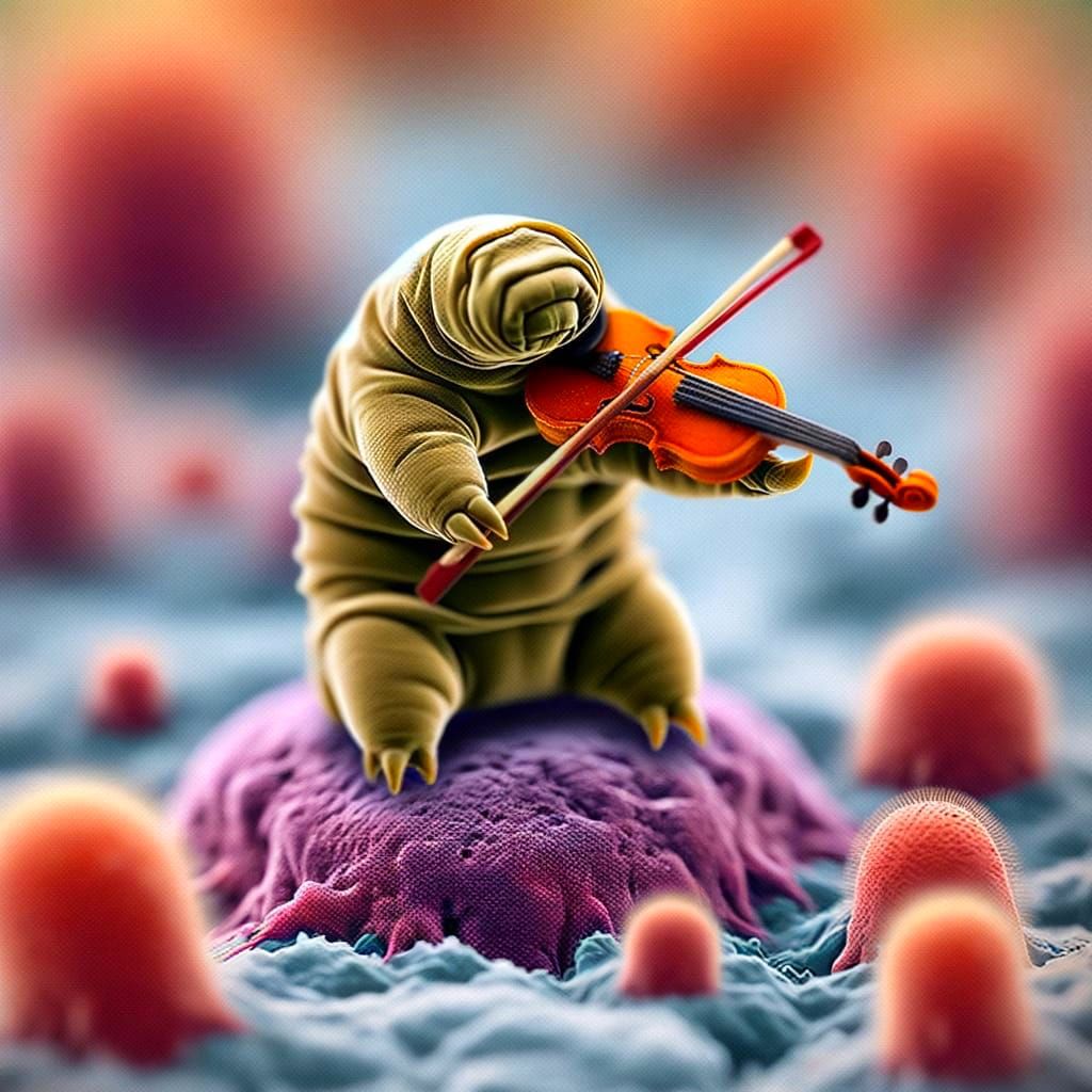 Microscopic Maestro: Tardigrade Violinist in a Vibrant World