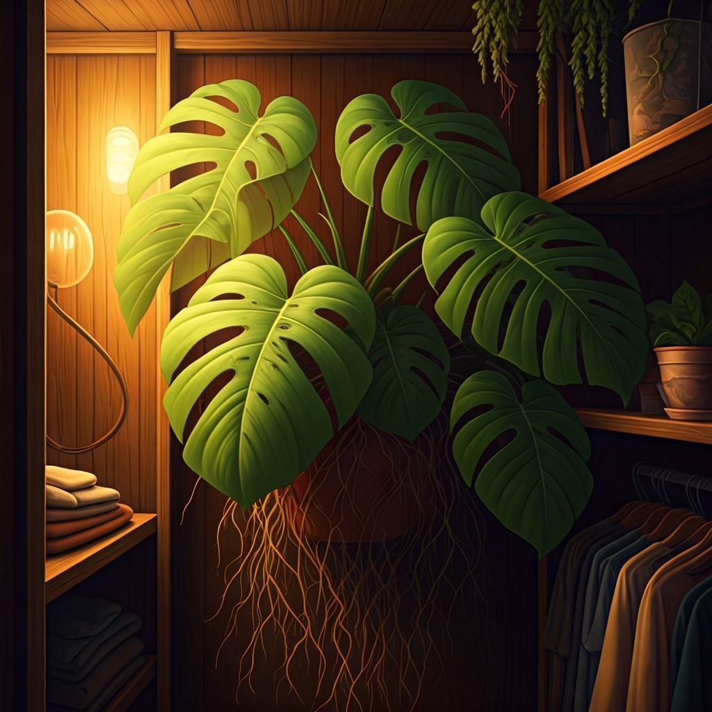 Lush Monstera Plant Thriving in Cozy Closet