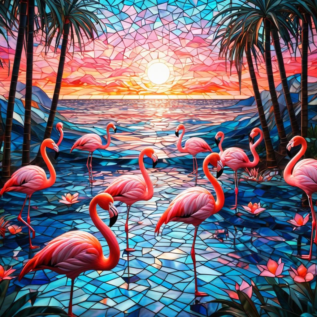 Flamingos in a Surreal Cubist Stained Glass Dreamscape