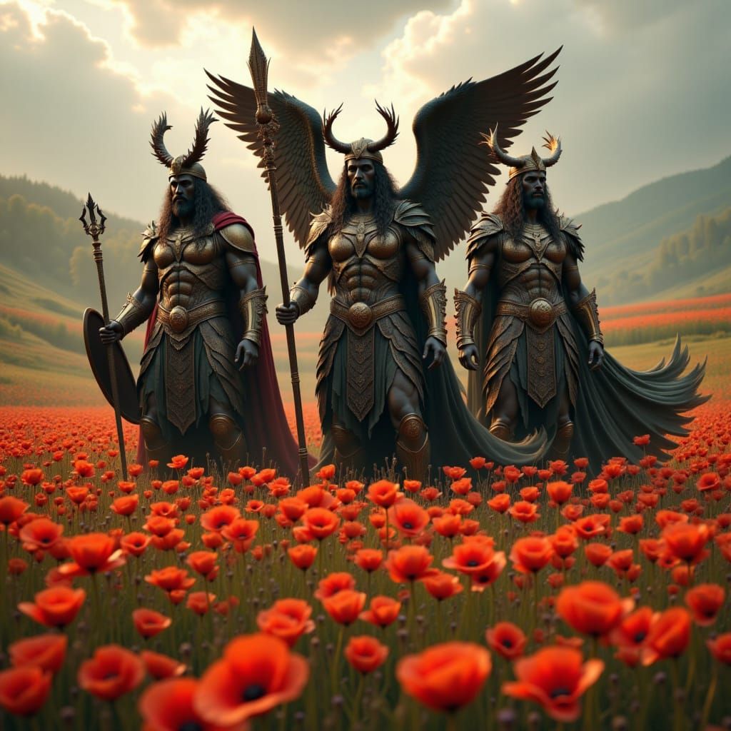 Triple Deity in Poppies: Celtic, Norse, Roman Gods