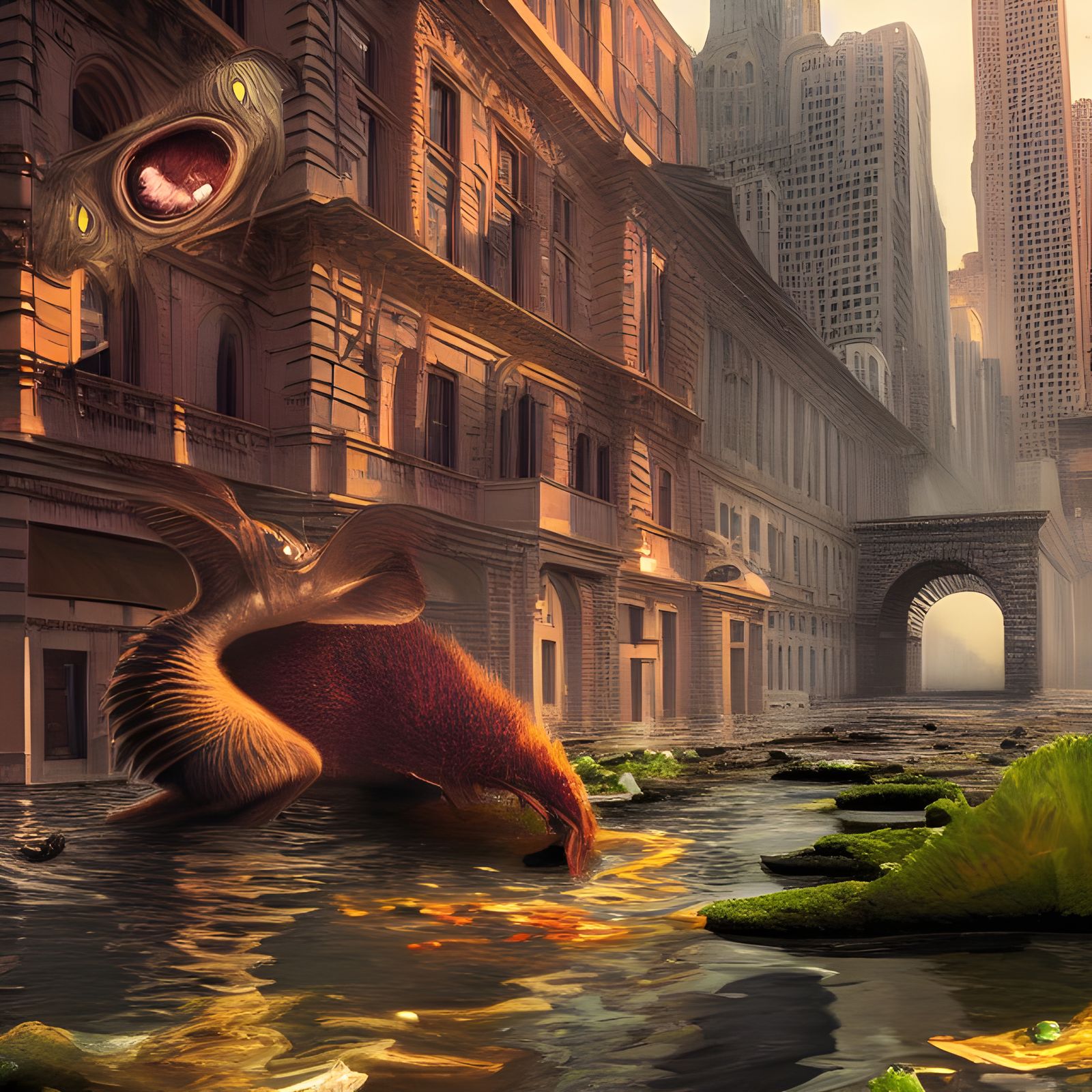 Futuristic Cityscape with Bizarre Creatures in Detailed Digi...
