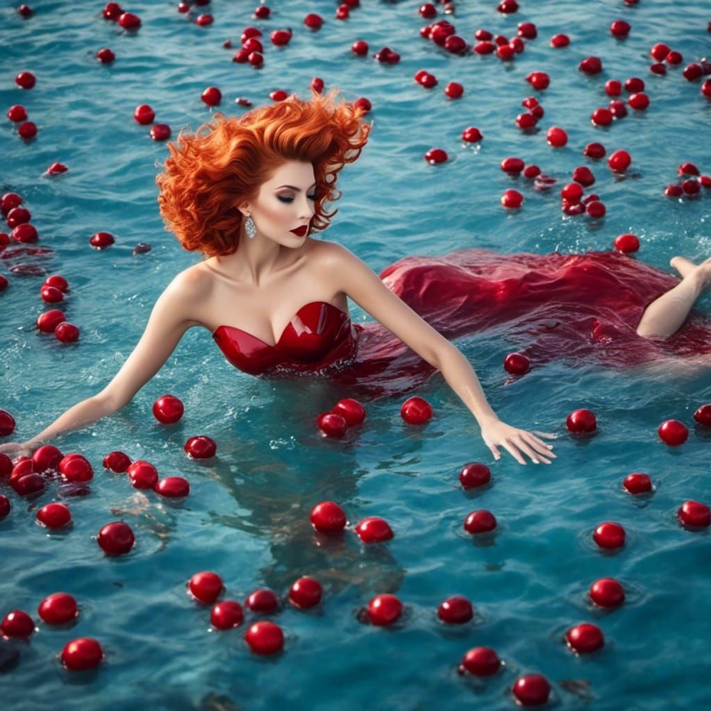 Dramatic Underwater Portrait with Cherry Lipstick