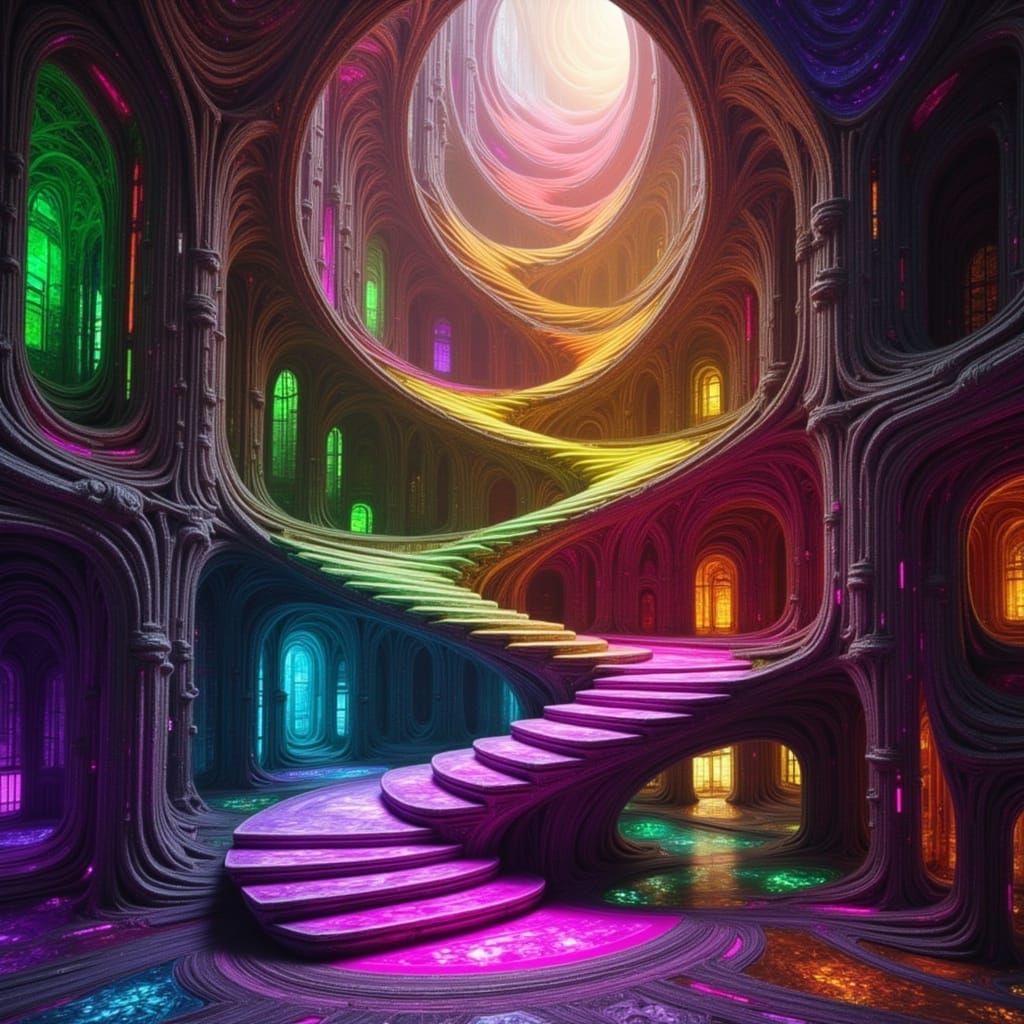 Cosmicpunk Staircase in Vibrant, Otherworldly Hues