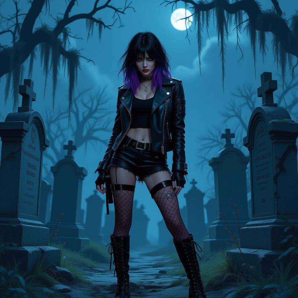 Gothic Punk Woman in Cemetery in Cyberpunk Style