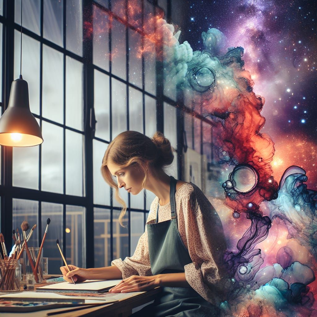 Artist in Studio Overlooking Galaxy, Mixed Media