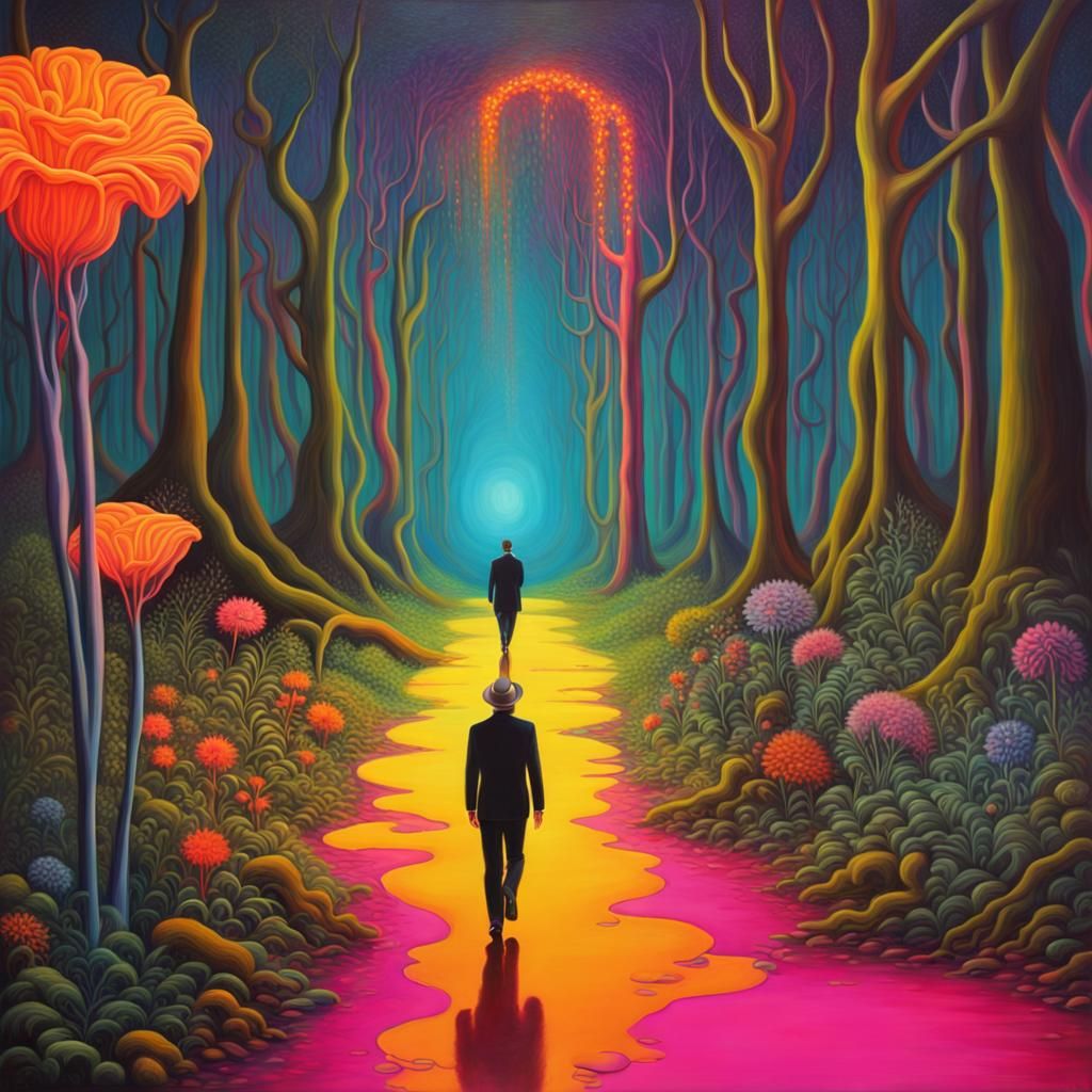 Person Walks Through Neon Forest in Salvador Dali Surrealism