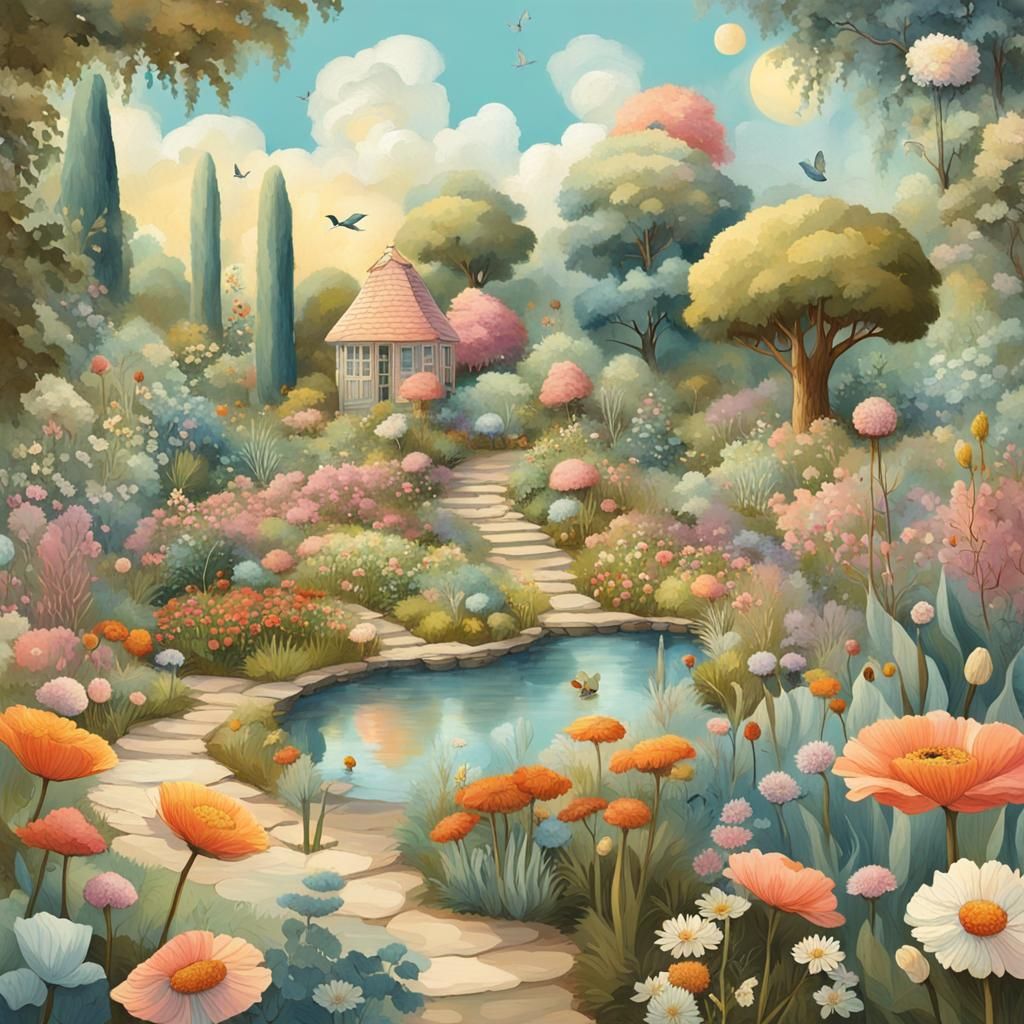 Vintage-Style Whimsical Garden Scene in Pastel Colors