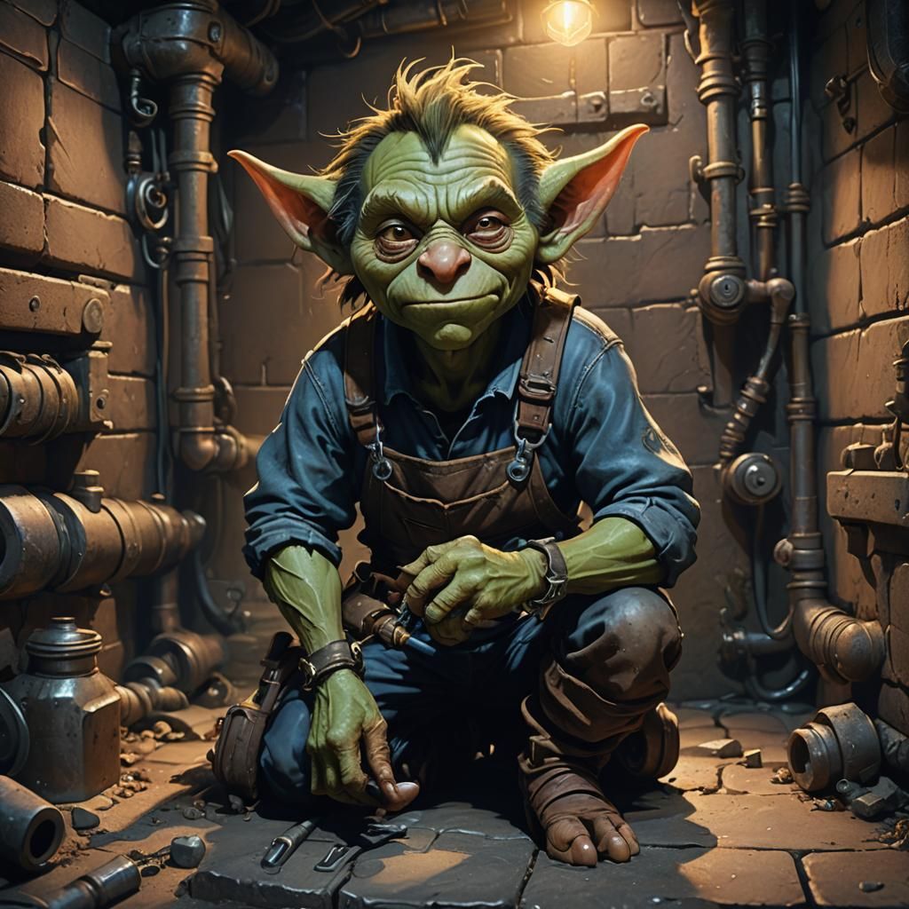 Goblin Plumber in Dungeon: Hyperrealistic Concept Art