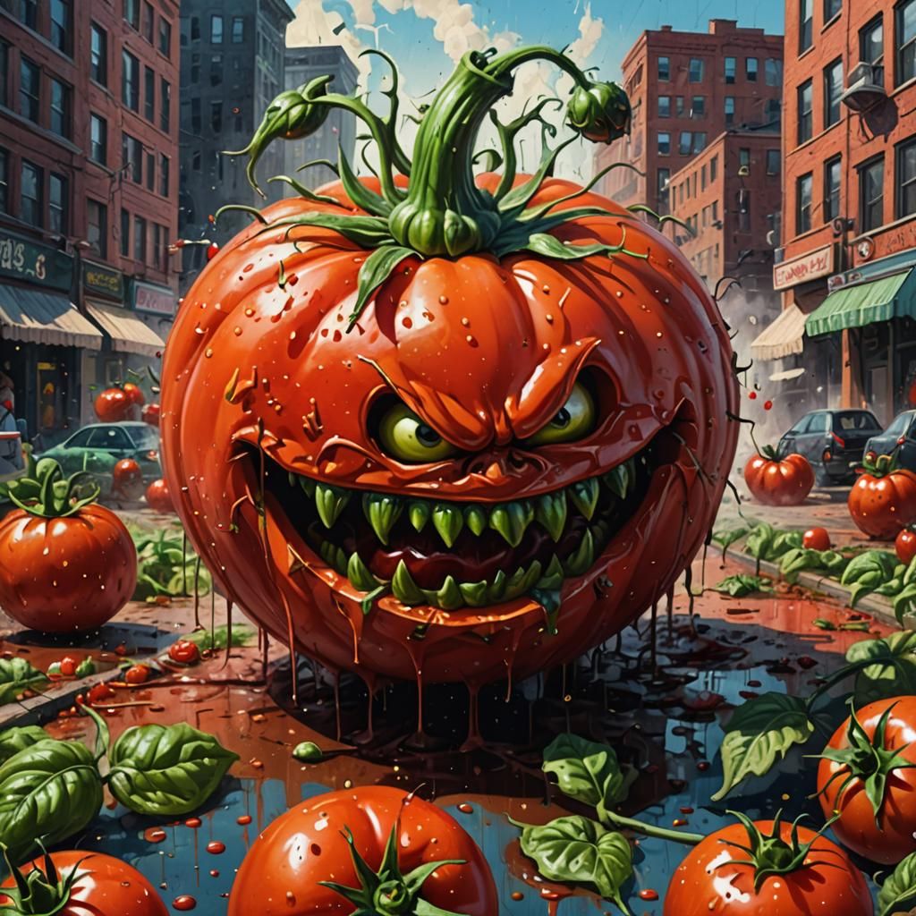 Giant Killer Tomato Terrorizes Town: Bengus-Style Painting