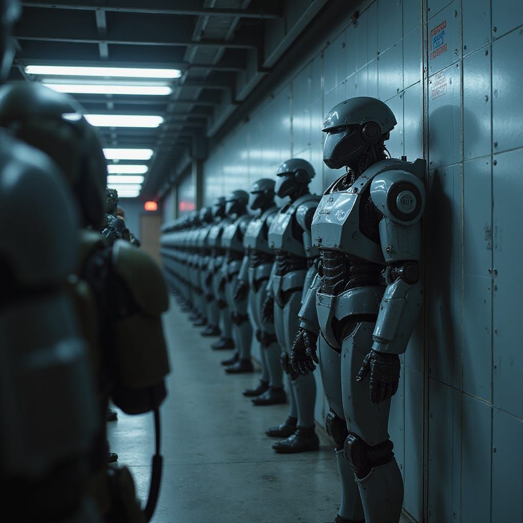 Futuristic Humanoid Combat Robots in Sci-Fi Hall