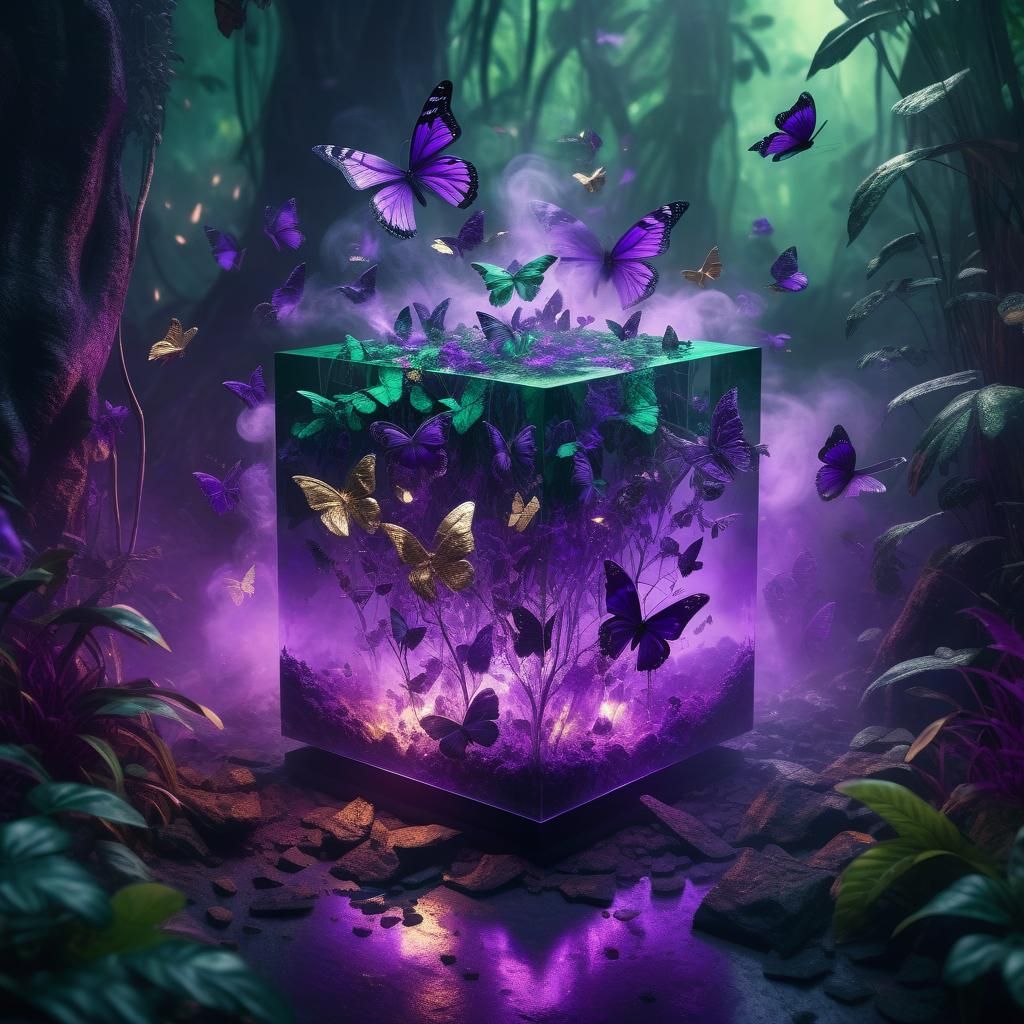 Amethyst cube with butterflies