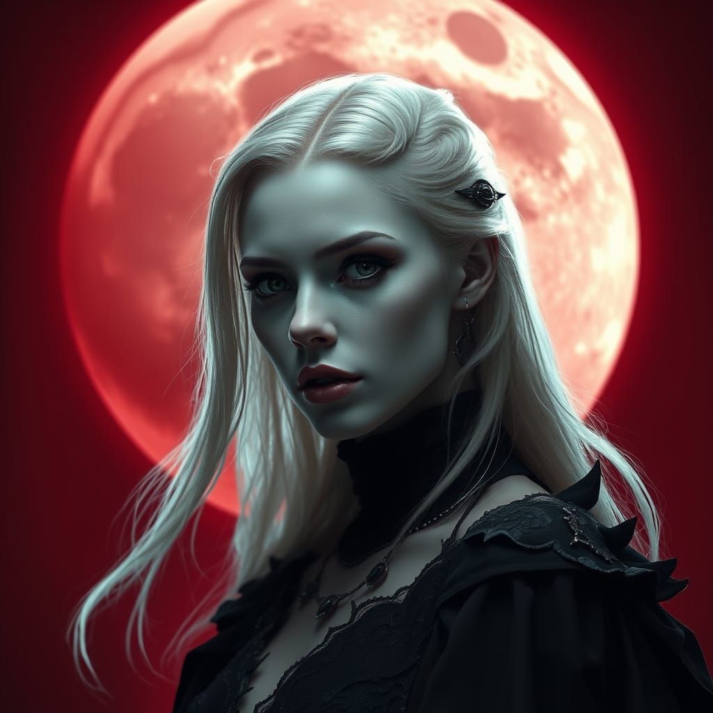 Ethereal Beauty Under Wine-Red Moonlight