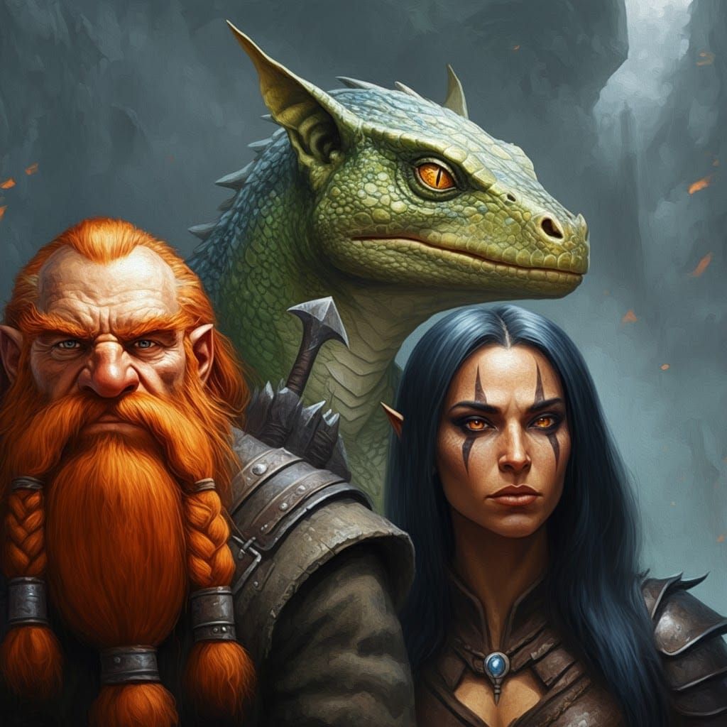 Fantasy Trio: Impressionistic Oil Painting of Dwarf, Orc, Li...