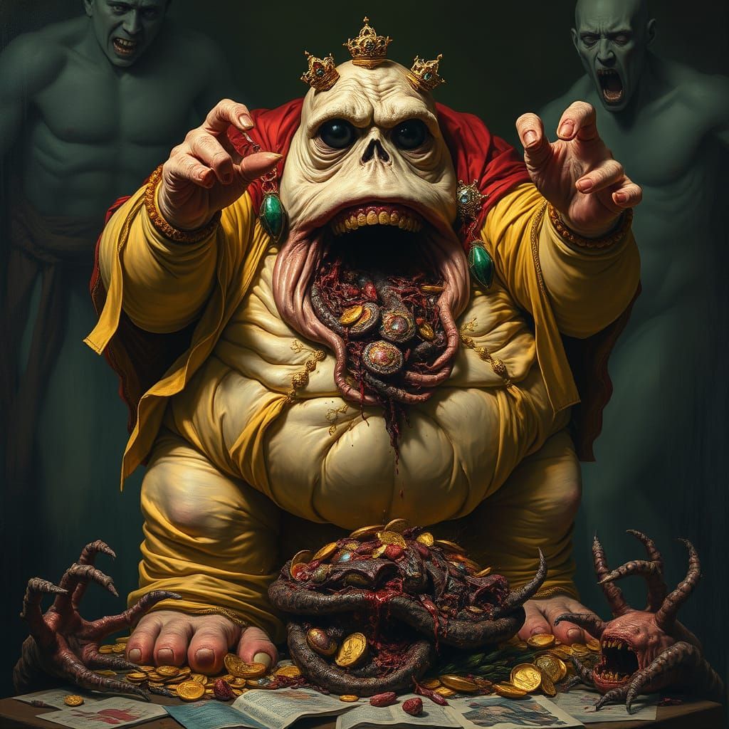 Surreal Figure Embodies Greed and Gluttony in Opulent, Tatte...