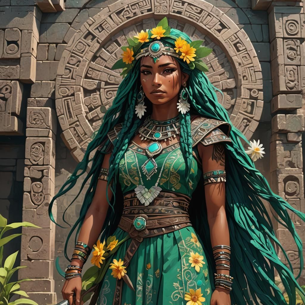 Latina Anime Girl with Obsidian Sword in Mesoamerican Ruins