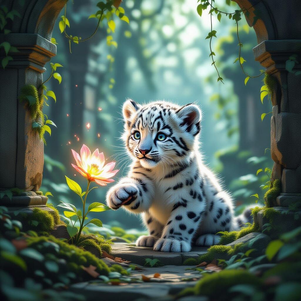 Snow Leopard Cub Plays With Ethereal Flower in Ancient Templ...