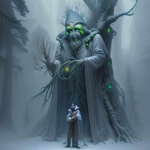 Wizard and Treant in Snowy Alien Forest
