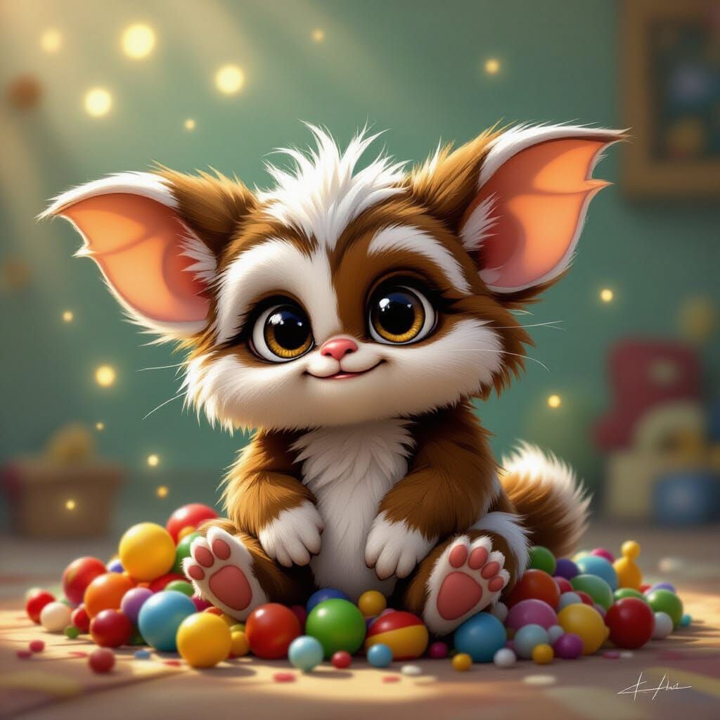 Gizmo Playing on Toys in Storybook Style