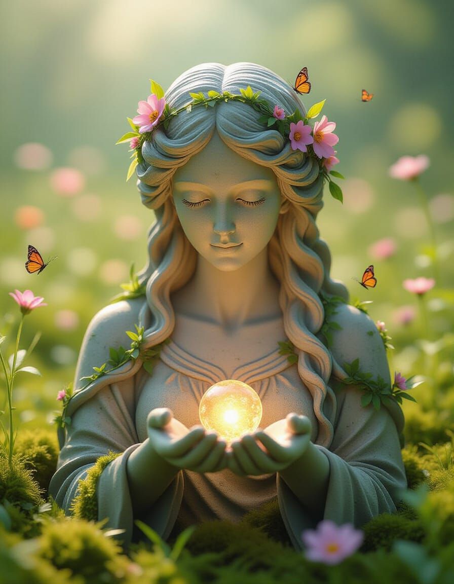 Stone Statue Woman Overgrown with Flowers in Meadow