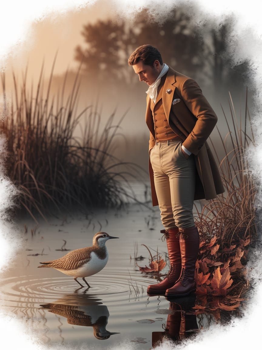 Woodcock Sandpiper in Autumn Swamp, Watercolor Sfumato