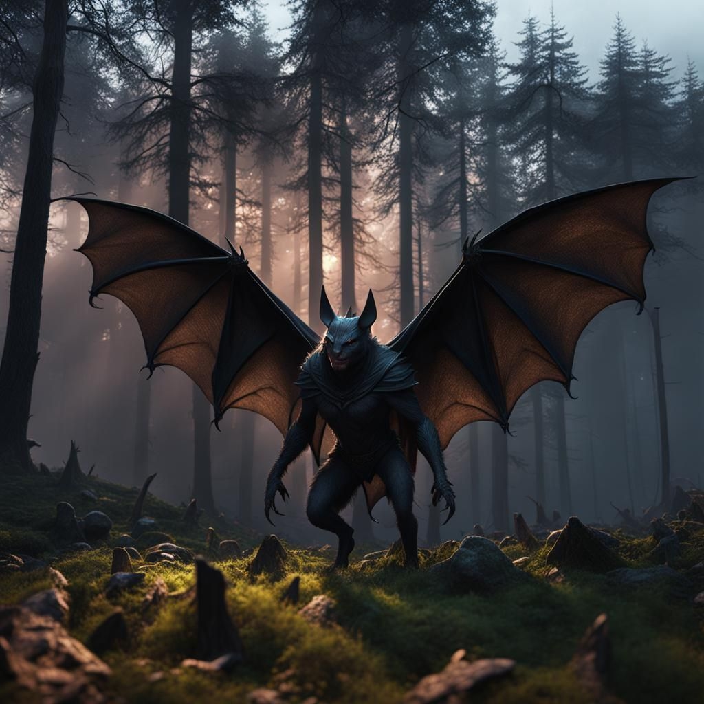 Eldritch Bat Creature in Dark Fantasy Forest