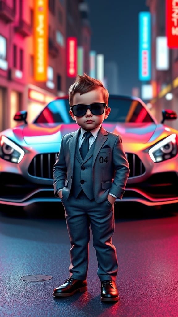 Luxury Toddler Takes Centre Stage in Neon Cityscape