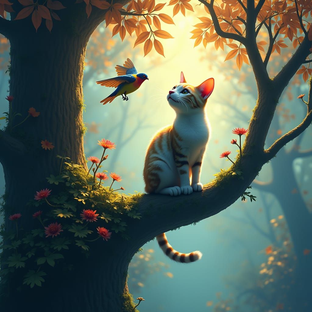Fantasy Cat Captures Bird in Glowing Tree