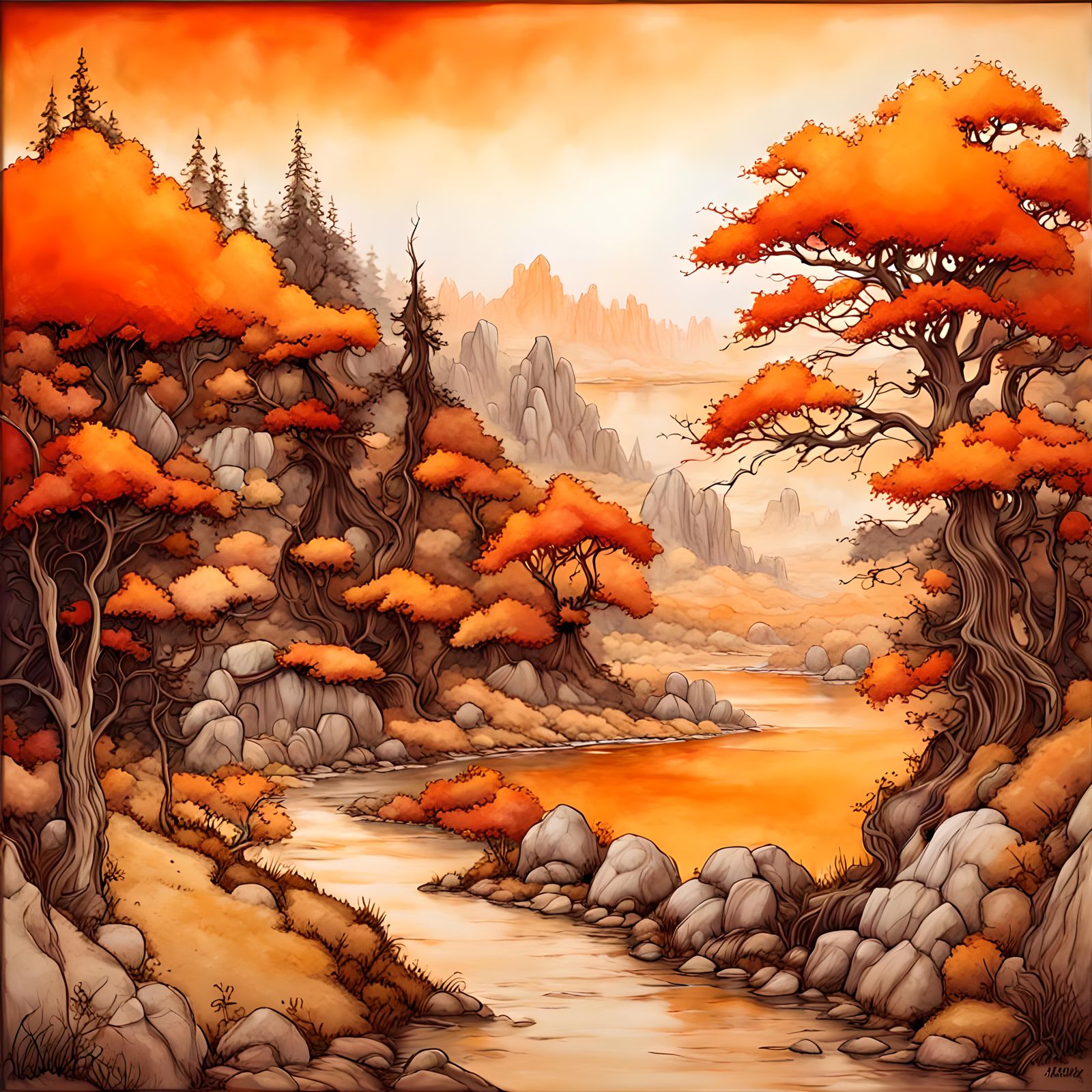 Beautiful landscape, palette dark orange, pale pale orange, ...
