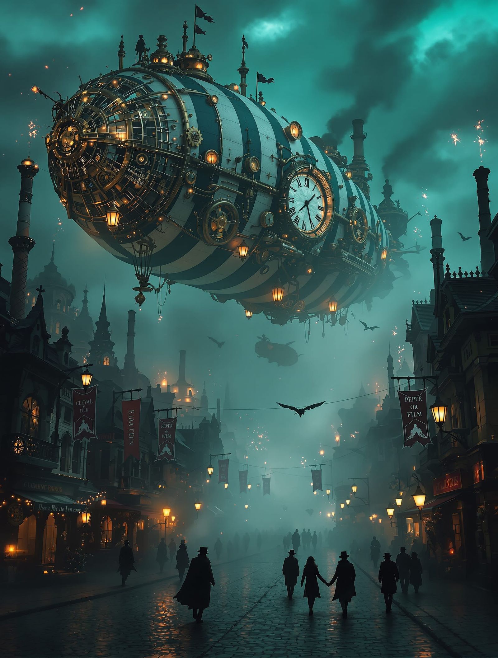 Steampunk Cityscape with Ornate Airship in Dramatic Light