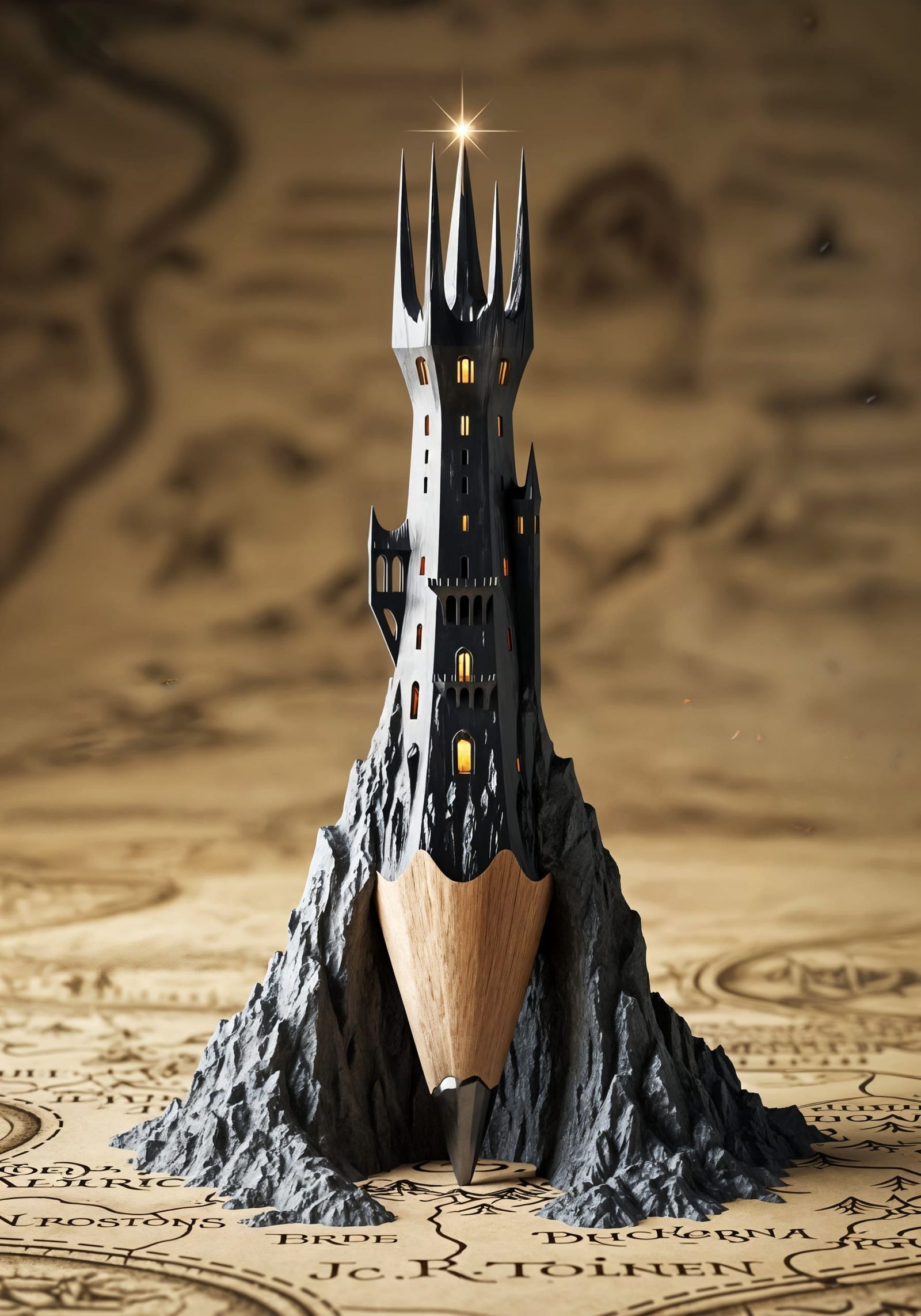 Pencil Tip Sculpted as Tower of Orthanc on Tolkien Map