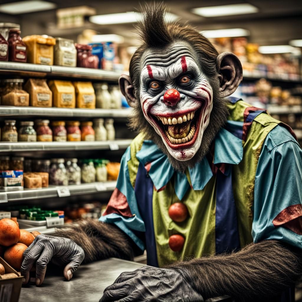 Hyperrealistic Zombie Monkey Clown Cashier Grinning Maniacal...
