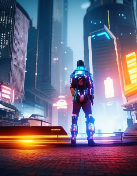 Cyberpunk Biker on UFO in Futuristic City