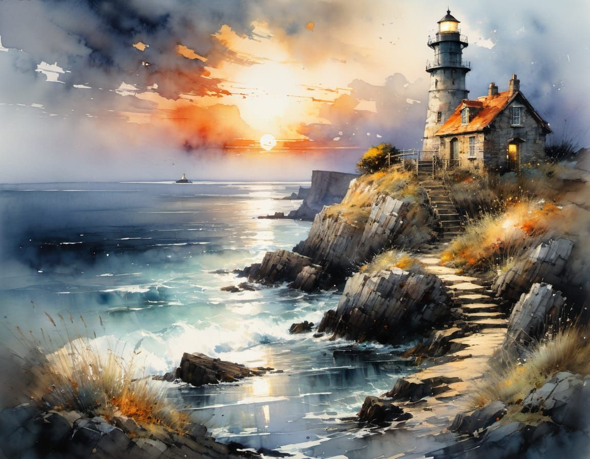 Watercolor Painting of Ancient Lighthouse on Rocky Isle