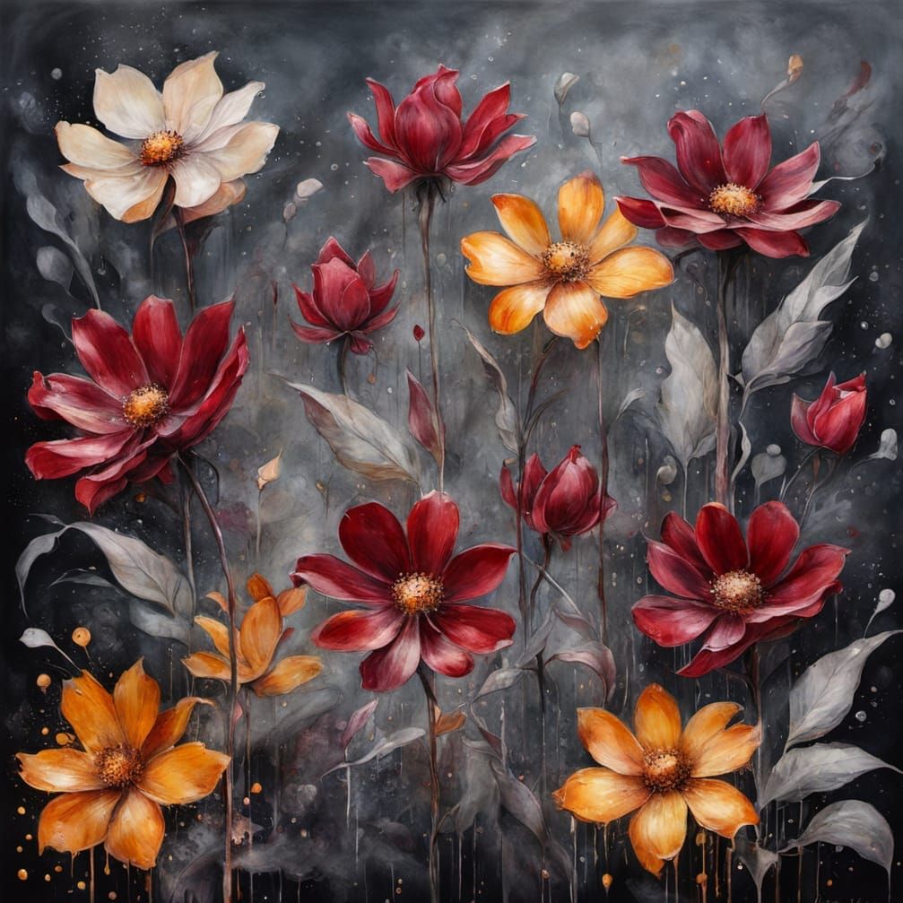Surreal Amber Floral Painting with Cyberpunk Accents