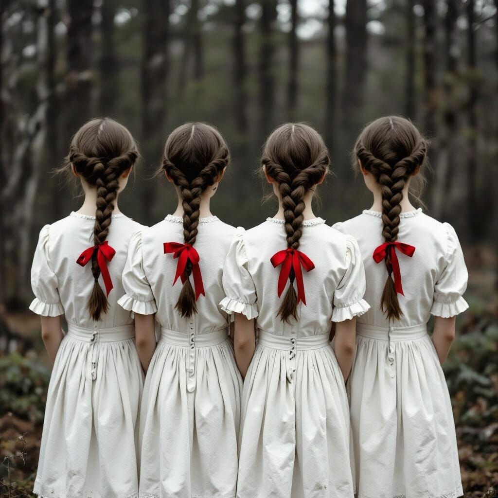 Girls With Red Ribbons in Monochromatic Landscape