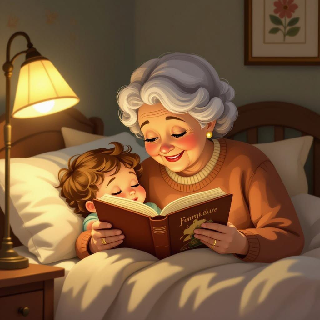Grandma Reads Fairytale to Eager Grandchild in Cozy Bed