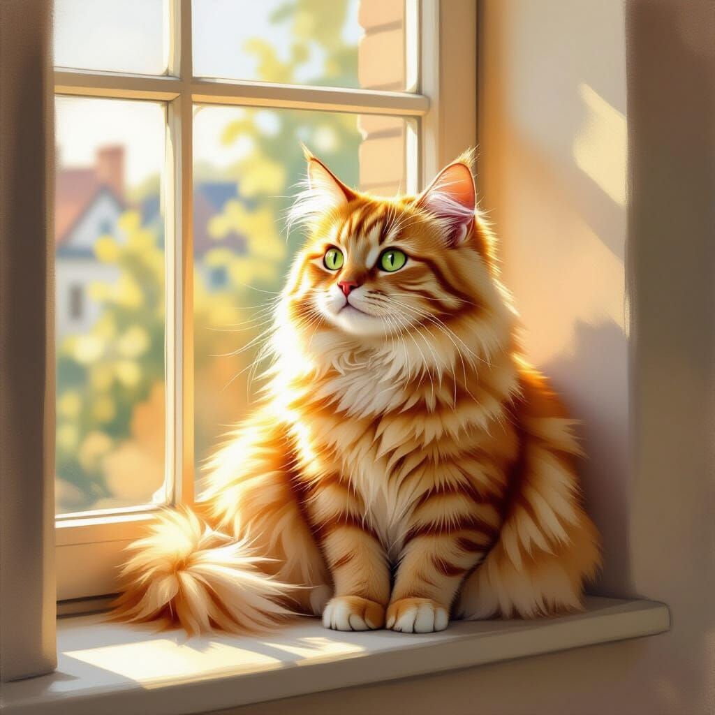 Fluffy Orange Cat in Sunbeam: Impressionist Style