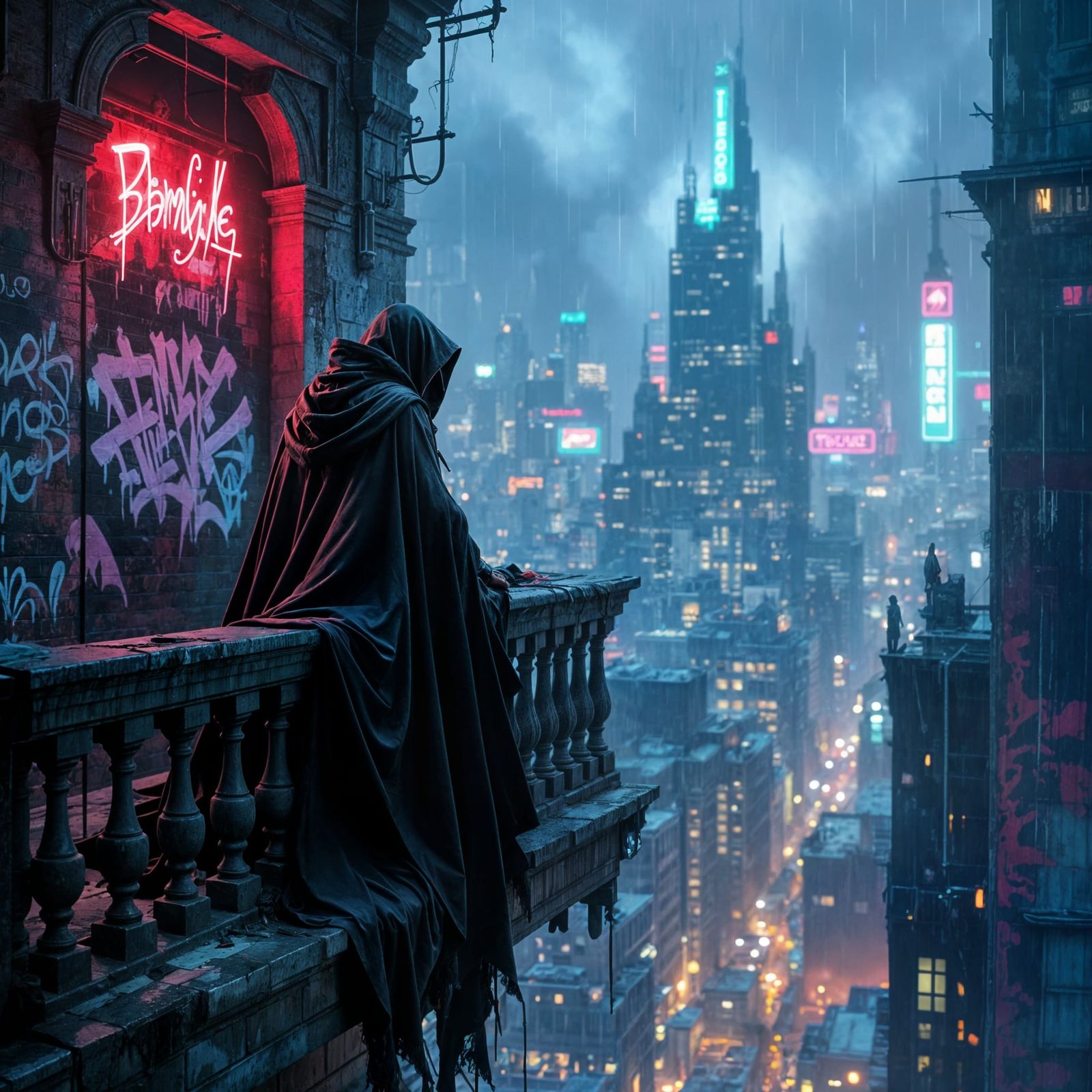 Vampire Overlooks Neon Cityscape in Cyberpunk Style