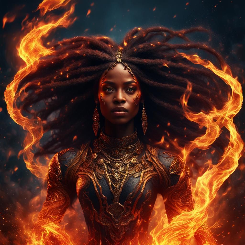 Fiery Portrait: Black Woman in Fantasy Digital Art