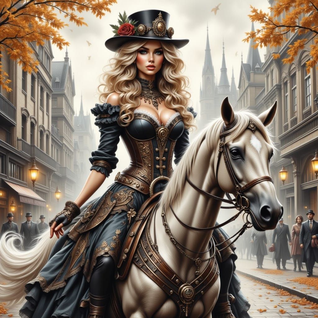 Steampunk Girl Rider in Foggy Autumn City