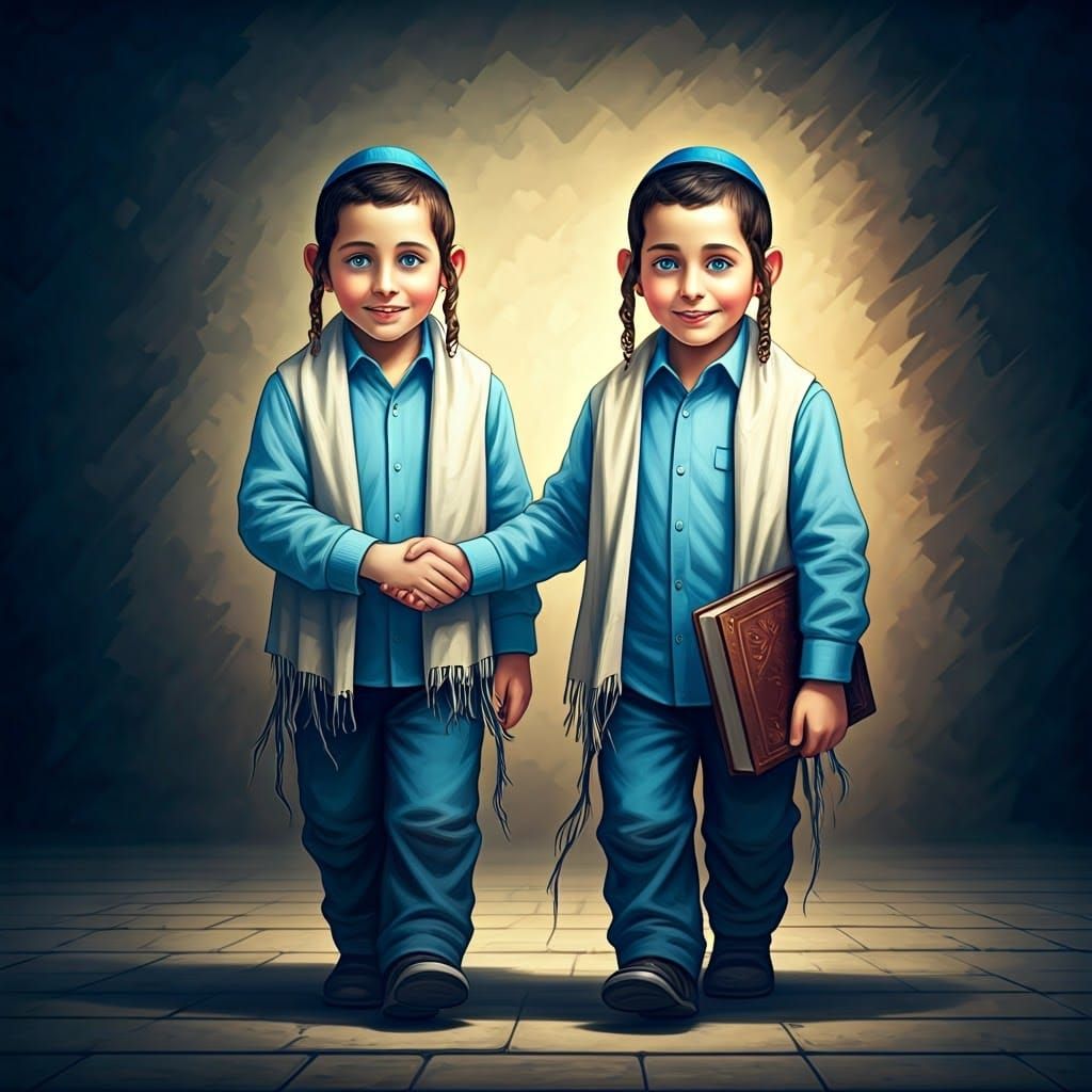 Hasidic Children Holding Hands: Hyperrealistic Splash Art