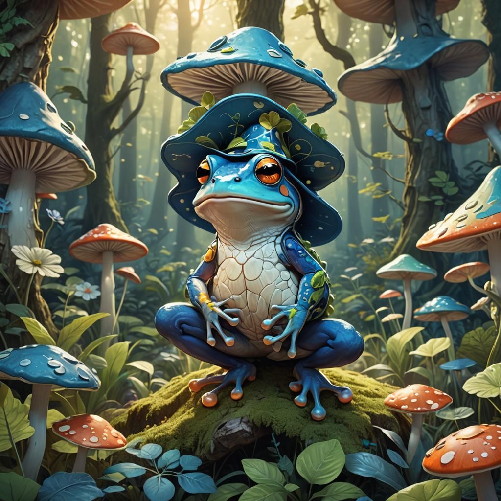 Whimsical Frog with Mushroom Hat Line Art