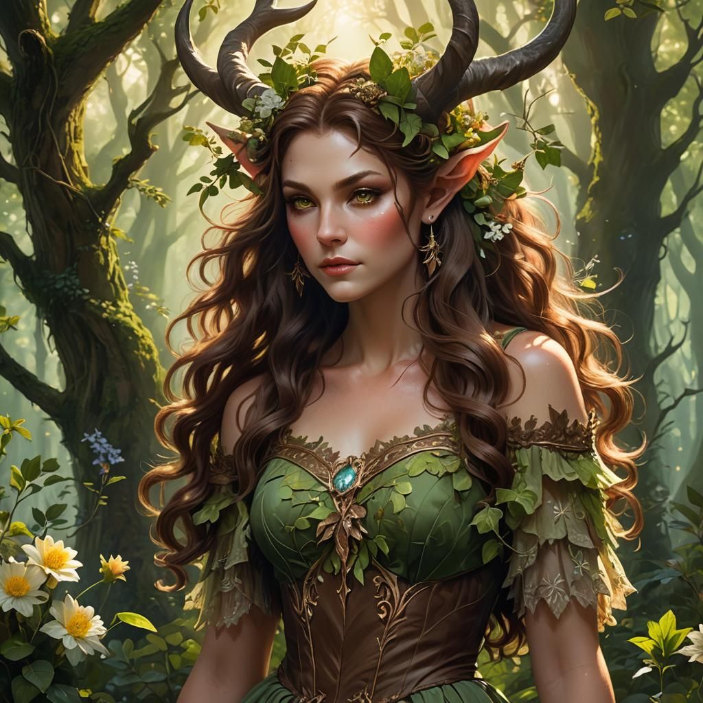 Female Satyr multiple horns very long brown hair green fores...