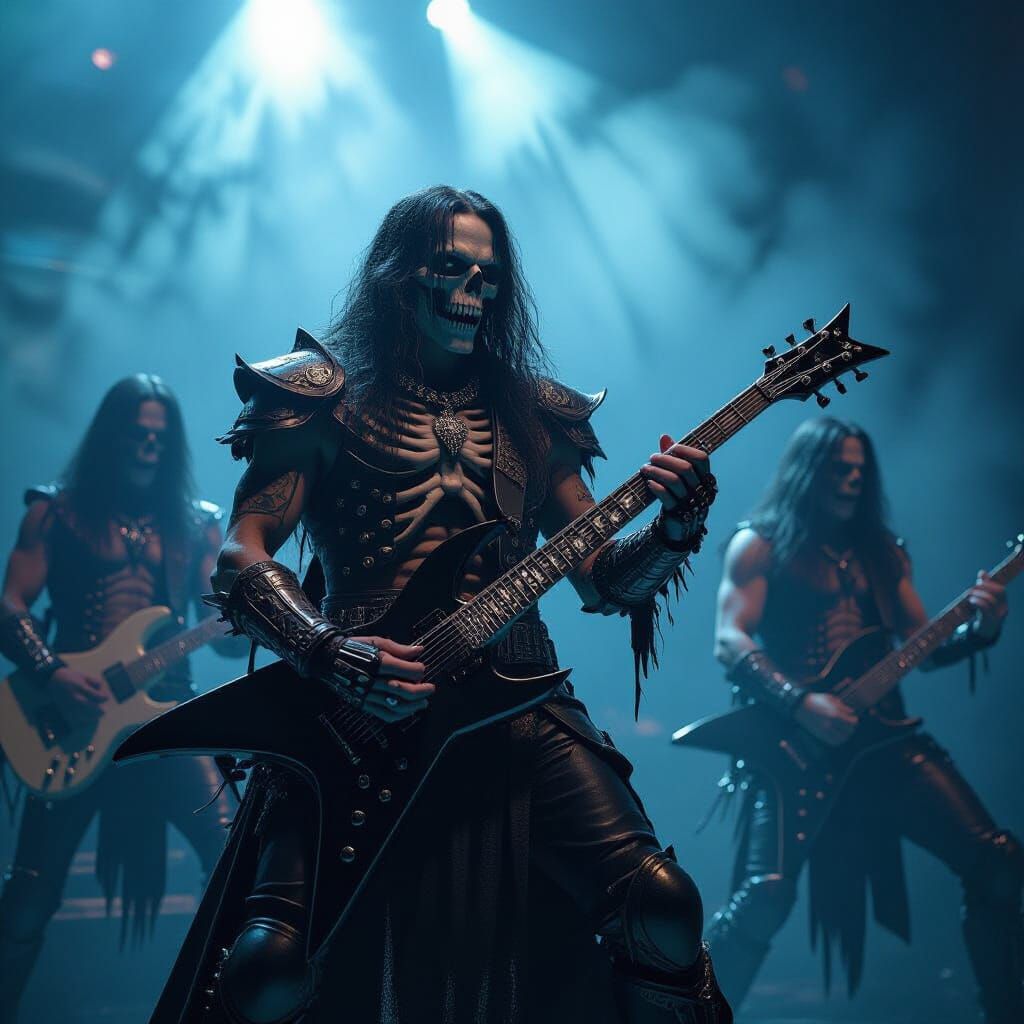 Skeletal Heavy Metal Band Performing with Dramatic Lighting